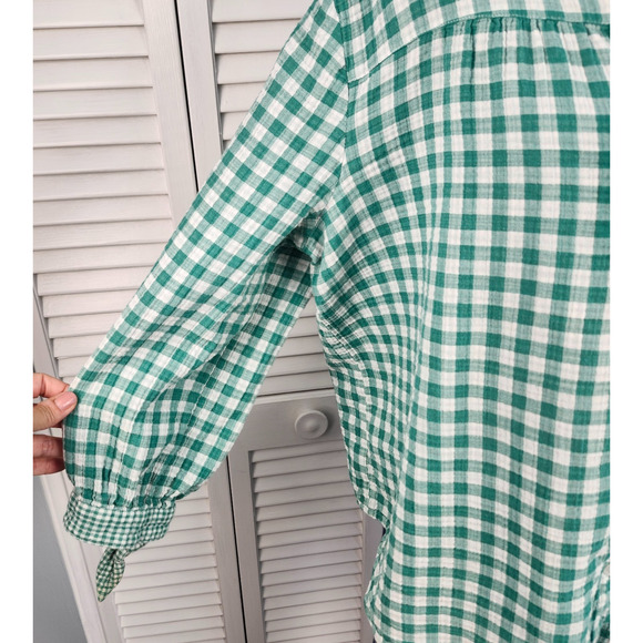 Loft Outlet Top XL Green White Gingham Button Front 3/4 Tie Sleeve Cotton Blend - Picture 3 of 10